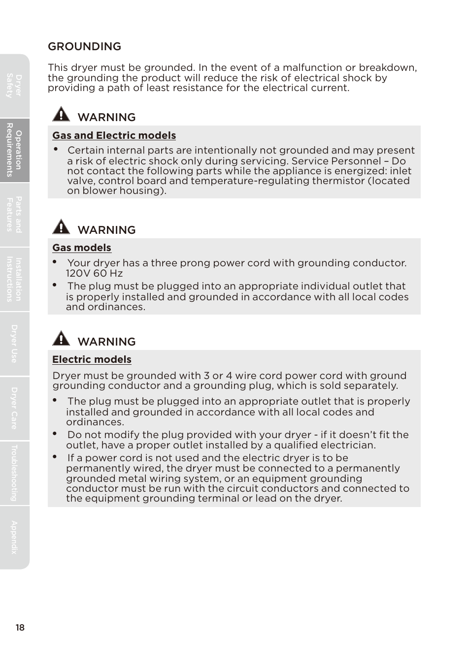 页 18, Grounding, Warning | MIDEA Dryer MLE45N1BWW User Manual | Page 18 / 102