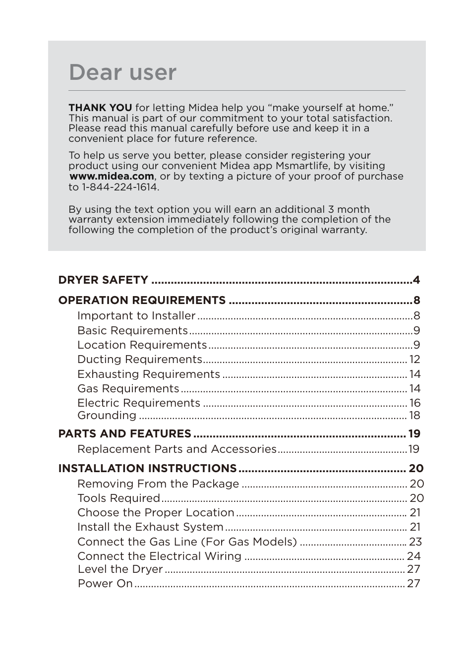 Dear user | MIDEA Dryer MLE45N1BWW User Manual | Page 2 / 102