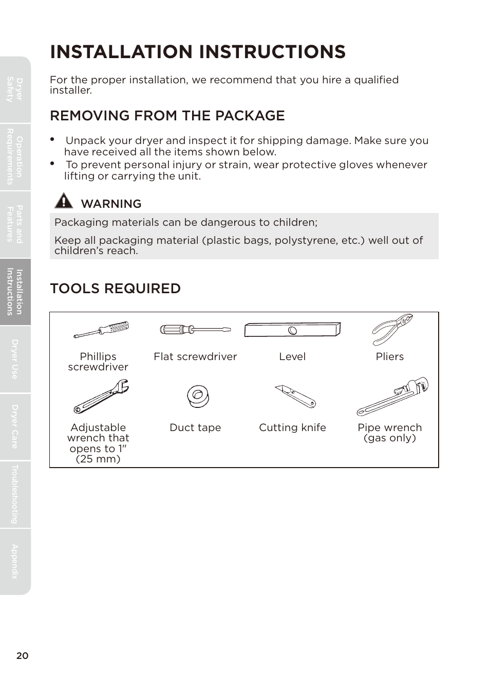 页 20, Installation instructions, Removing from the package | Tools required, Warning | MIDEA Dryer MLE45N1BWW User Manual | Page 20 / 102