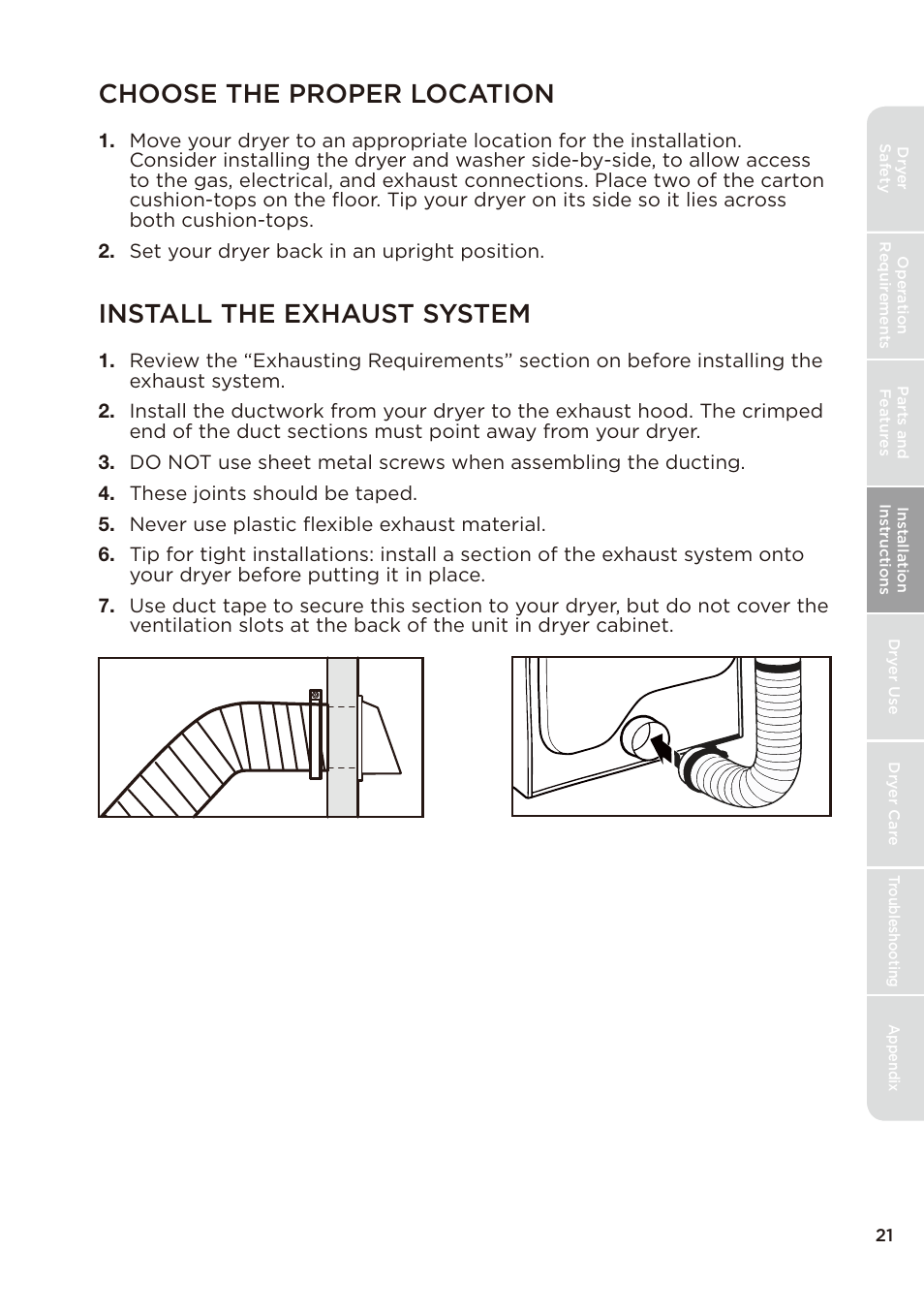 页 21, Choose the proper location, Install the exhaust system | MIDEA Dryer MLE45N1BWW User Manual | Page 21 / 102