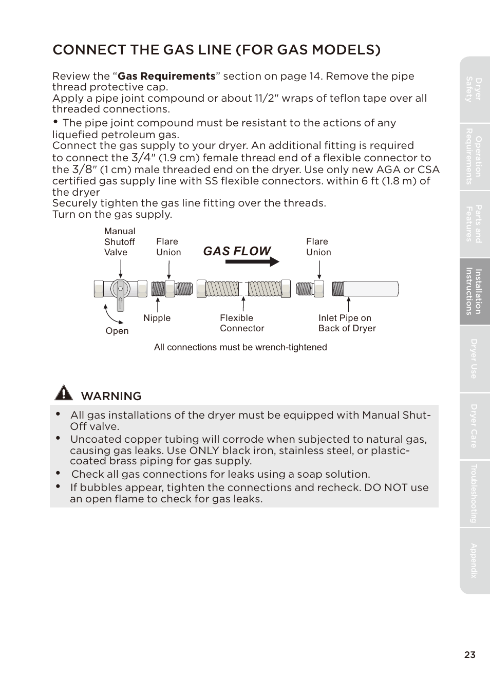 页 23, Connect the gas line (for gas models), Gas flow | Warning | MIDEA Dryer MLE45N1BWW User Manual | Page 23 / 102