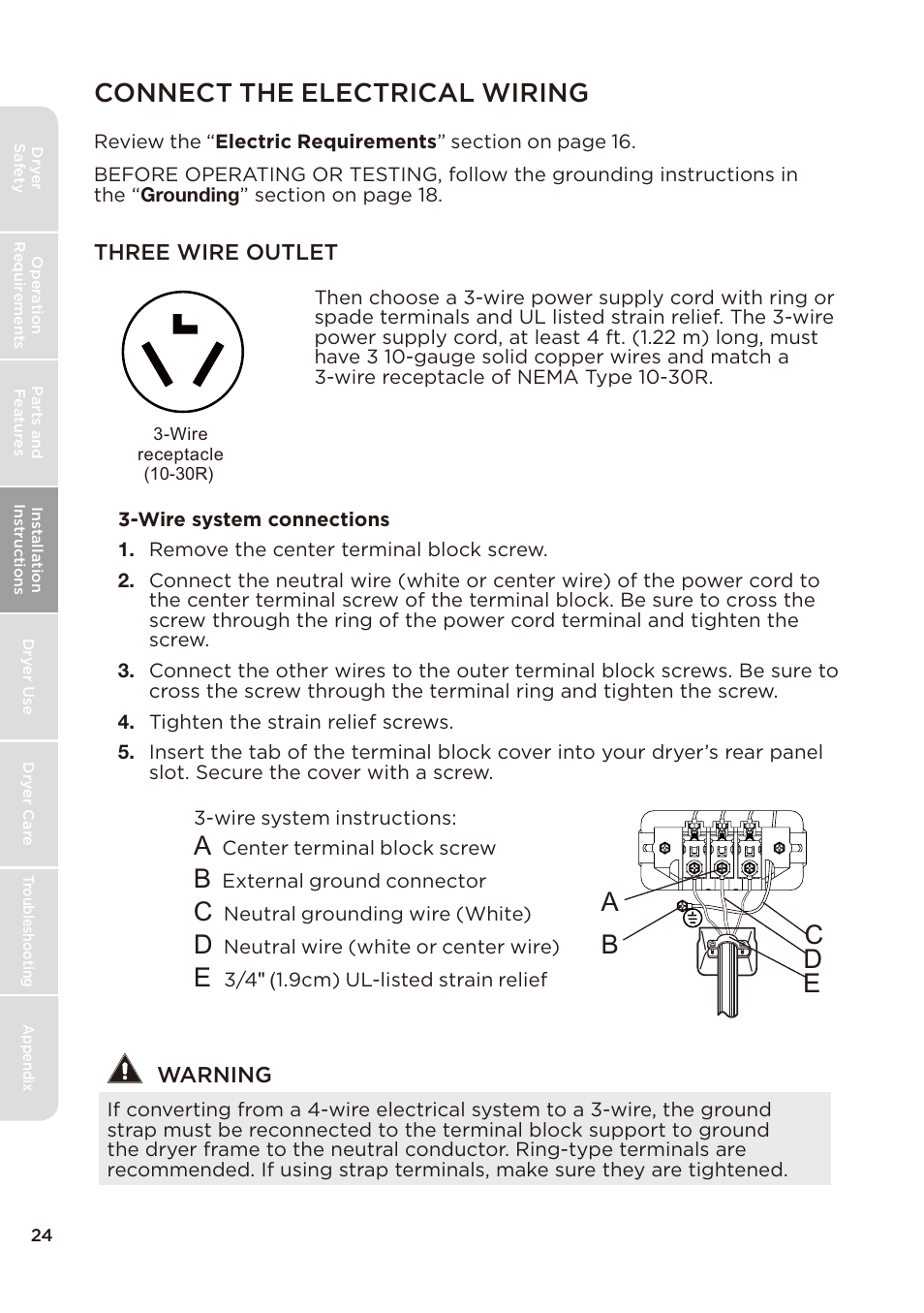 页 24, Connect the electrical wiring, Ab c d e | MIDEA Dryer MLE45N1BWW User Manual | Page 24 / 102