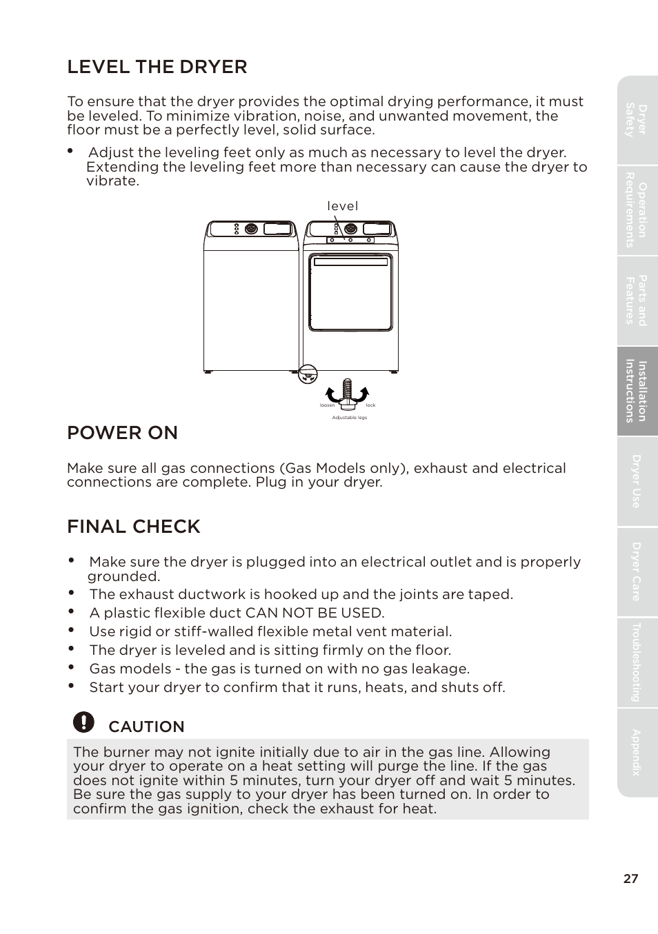 页 27, Power on, Final check | Level the dryer, Caution | MIDEA Dryer MLE45N1BWW User Manual | Page 27 / 102