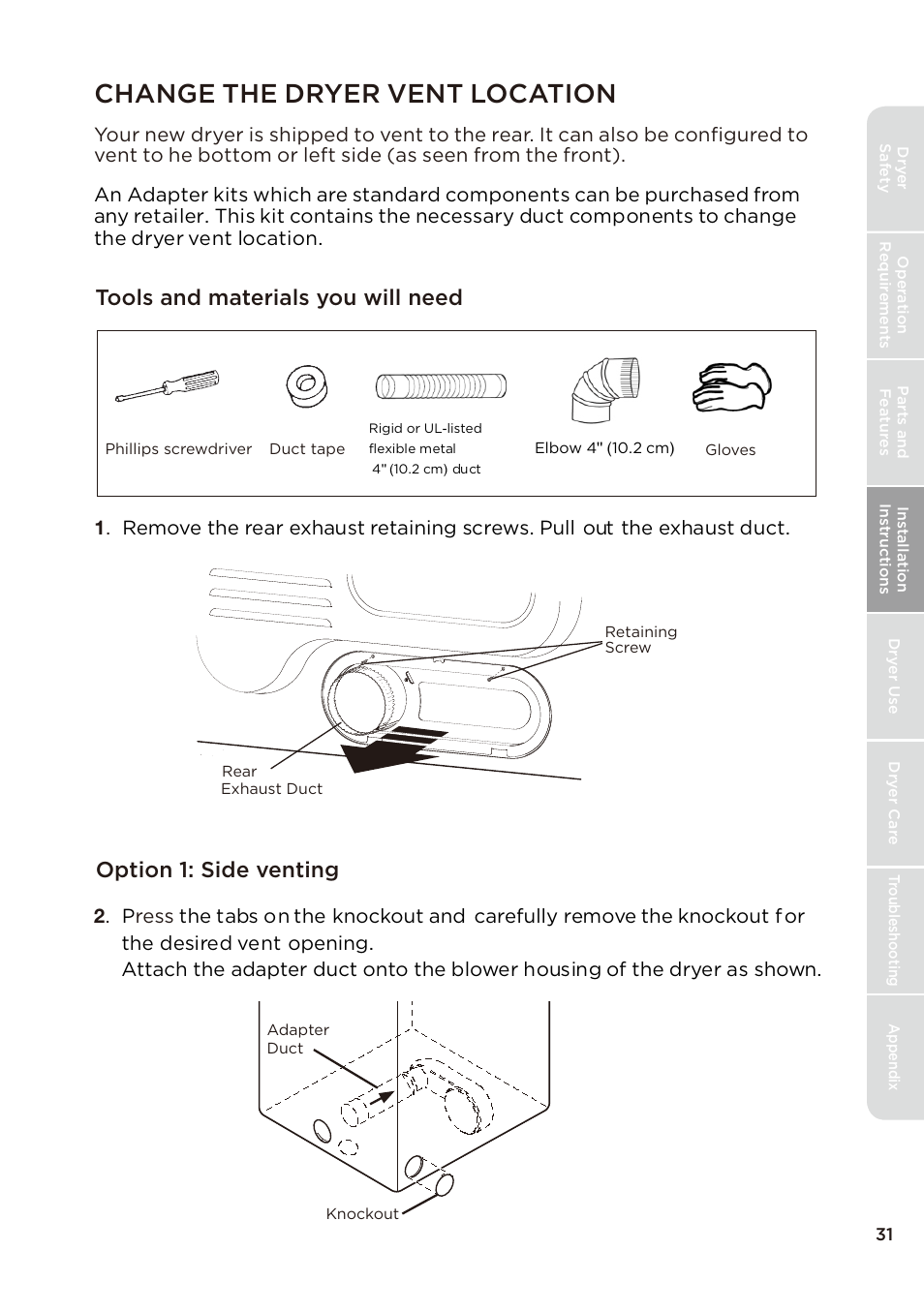 页 31, Change the dryer vent location, Tools and materials you will need | Option 1: side venting | MIDEA Dryer MLE45N1BWW User Manual | Page 31 / 102
