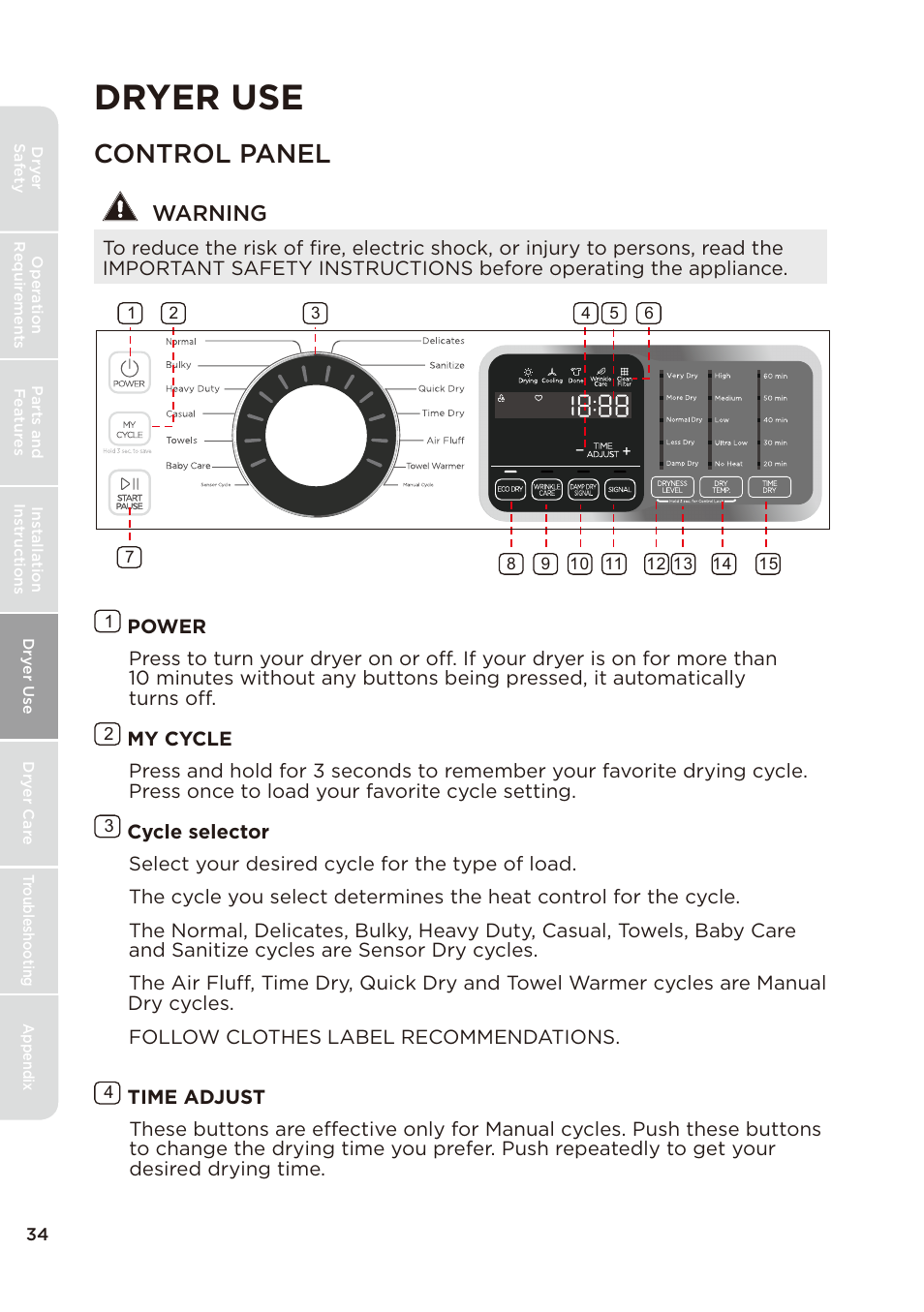 页 34, Dryer use, Control panel | Warning | MIDEA Dryer MLE45N1BWW User Manual | Page 34 / 102
