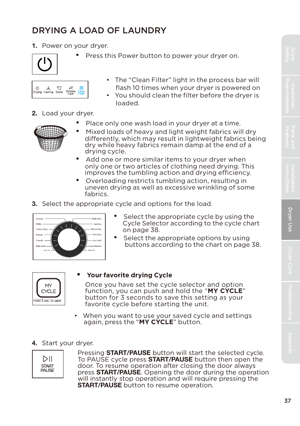 页 37, Drying a load of laundry | MIDEA Dryer MLE45N1BWW User Manual | Page 37 / 102