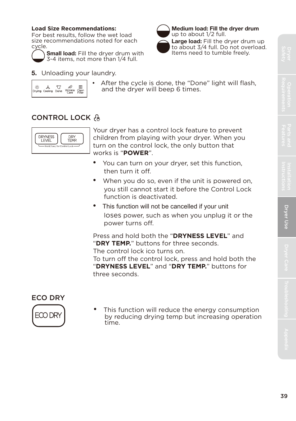 页 39, Control lock eco dry, Oses | MIDEA Dryer MLE45N1BWW User Manual | Page 39 / 102