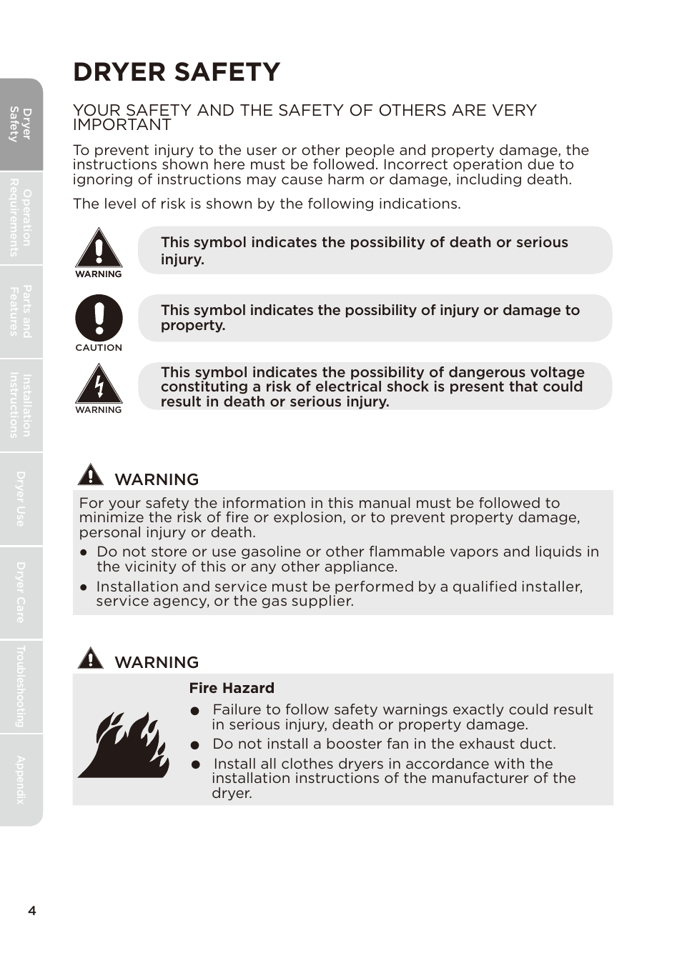 Dryer safety, Warning | MIDEA Dryer MLE45N1BWW User Manual | Page 4 / 102