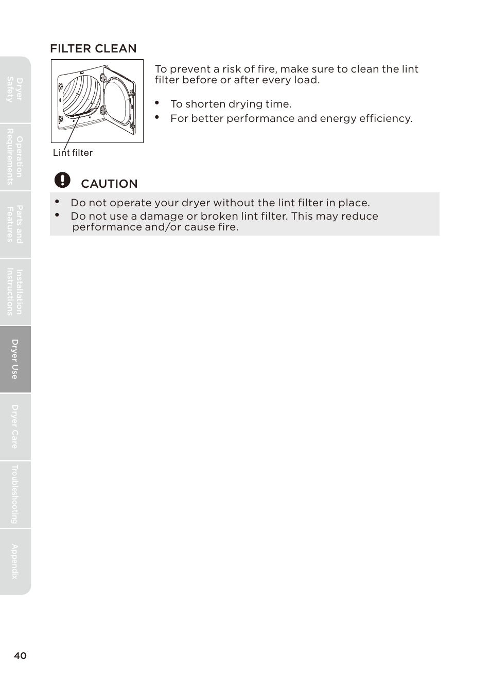 页 40, Filter clean caution | MIDEA Dryer MLE45N1BWW User Manual | Page 40 / 102