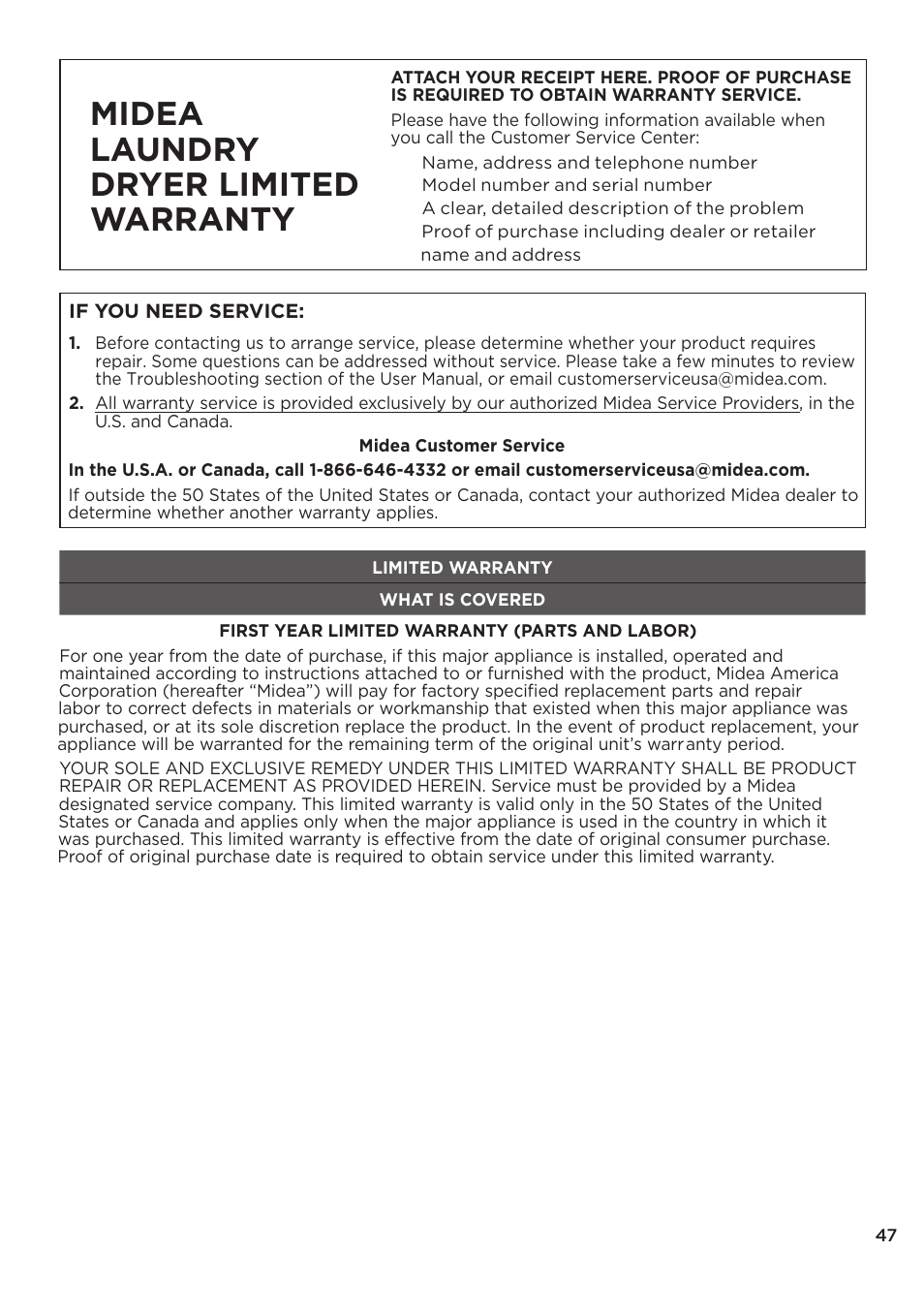 页 47, Midea laundry dryer limited warranty | MIDEA Dryer MLE45N1BWW User Manual | Page 47 / 102