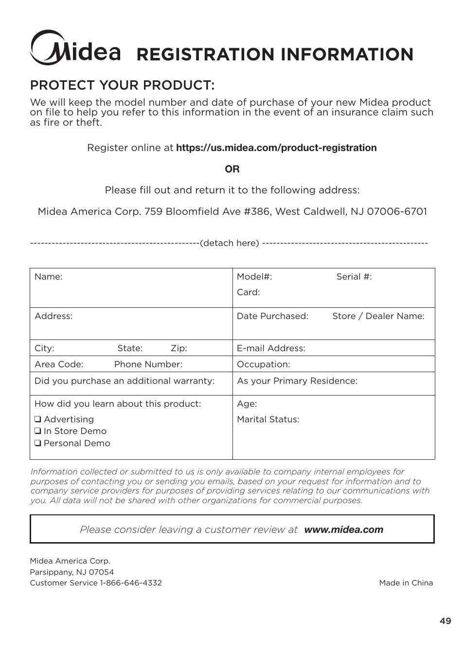 页 49, Registration information, Protect your product | MIDEA Dryer MLE45N1BWW User Manual | Page 49 / 102