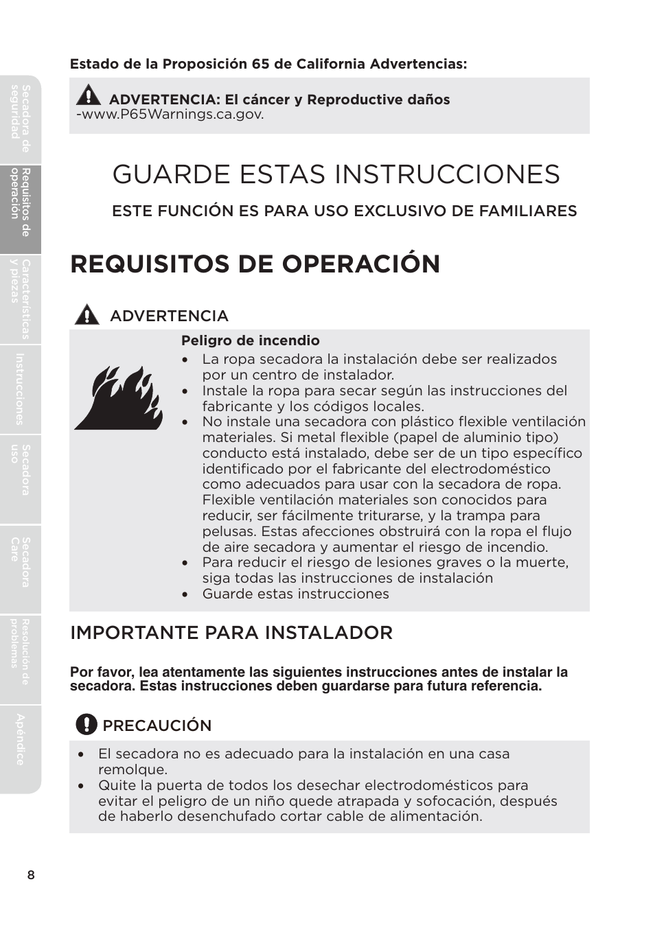 Guarde estas instrucciones, Requisitos de operaci ó n, Importante para instalador | MIDEA Dryer MLE45N1BWW User Manual | Page 58 / 102