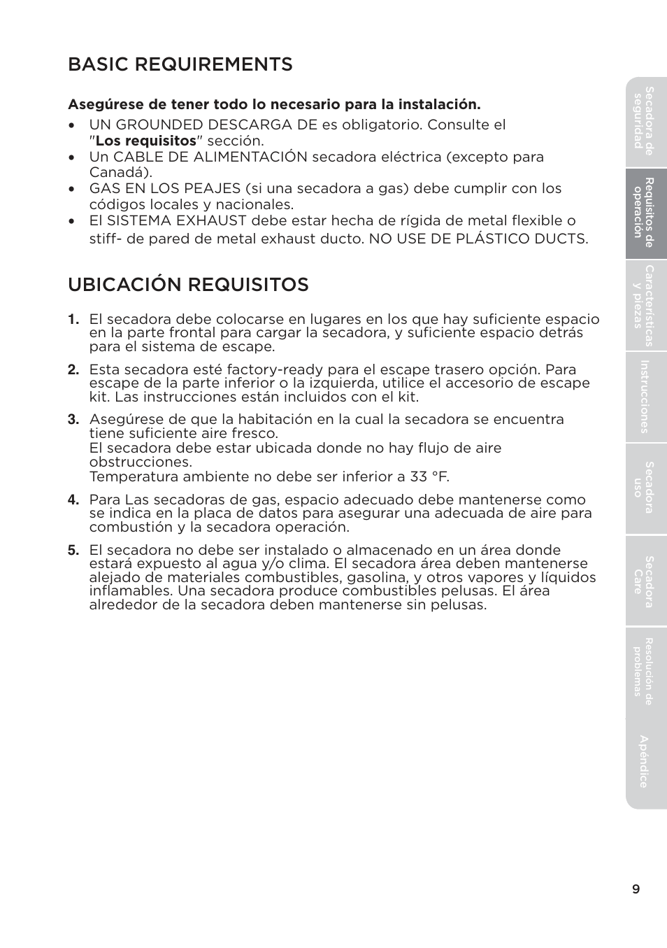 页 11, 页 12, 页 13 | 页 14, 页 15, Basic requirements, Ubicación requisitos | MIDEA Dryer MLE45N1BWW User Manual | Page 59 / 102