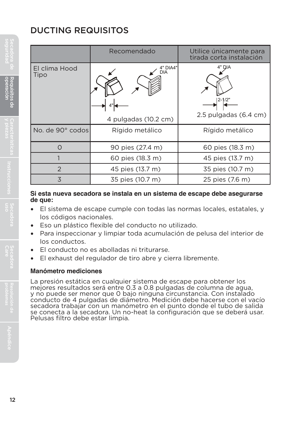 Ducting requisitos | MIDEA Dryer MLE45N1BWW User Manual | Page 62 / 102