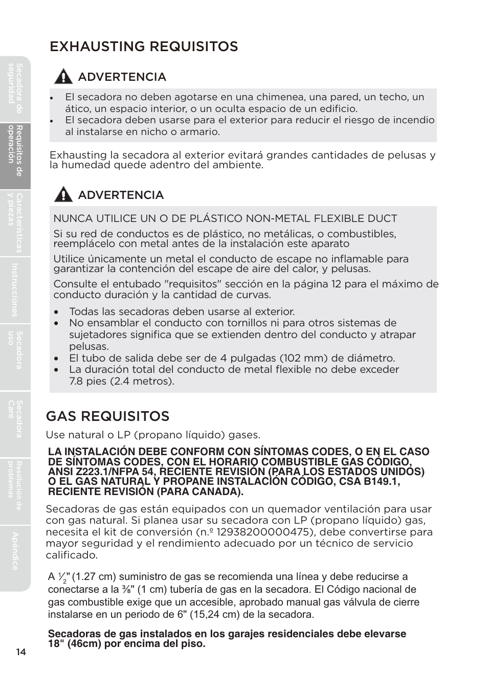 Exhausting requisitos, Gas requisitos, Advertencia | MIDEA Dryer MLE45N1BWW User Manual | Page 64 / 102