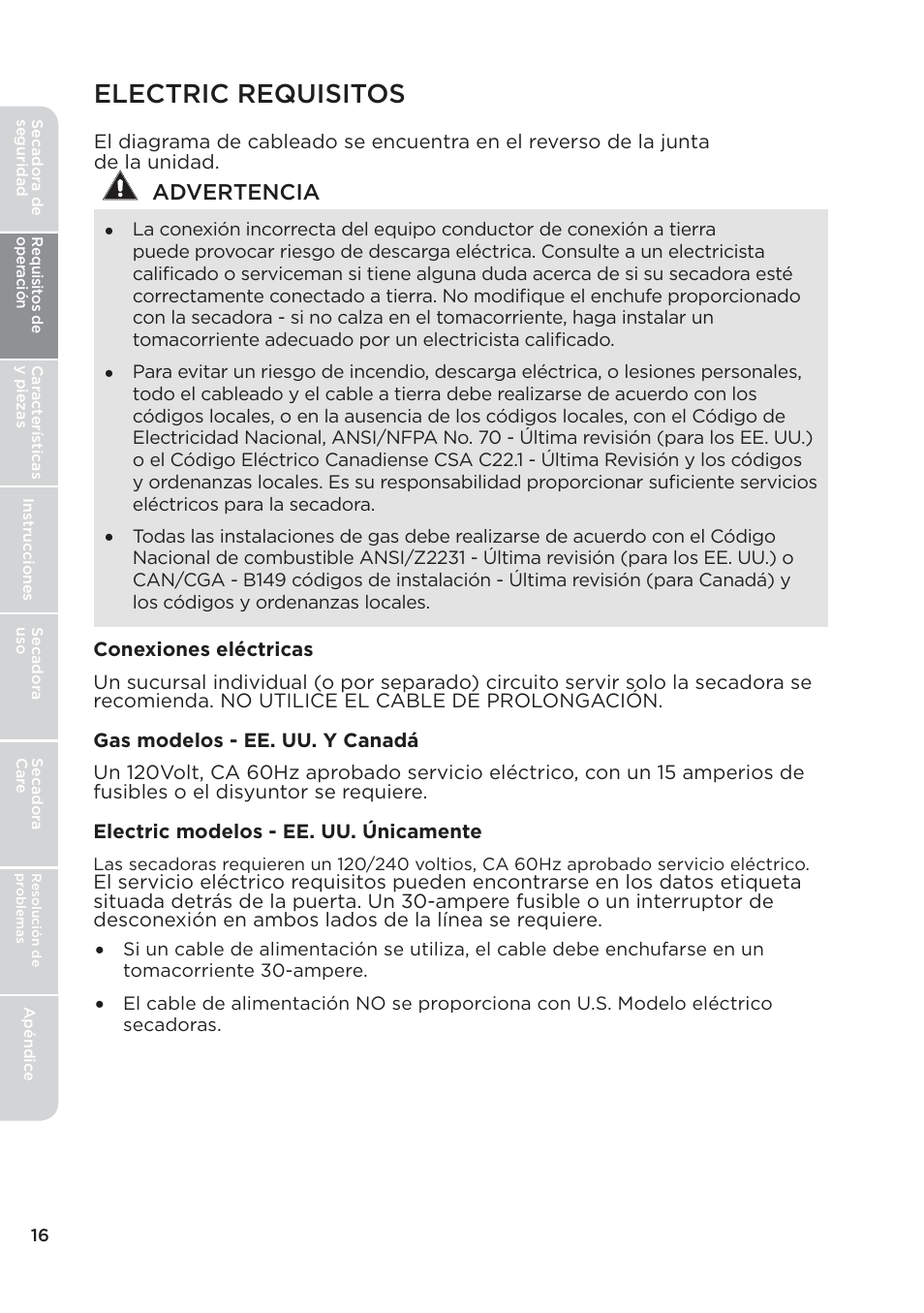 Electric requisitos, Advertencia | MIDEA Dryer MLE45N1BWW User Manual | Page 66 / 102