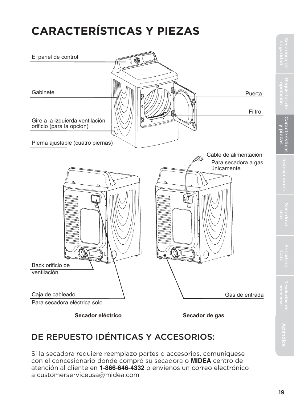 Características y piezas, De repuesto idénticas y accesorios | MIDEA Dryer MLE45N1BWW User Manual | Page 69 / 102