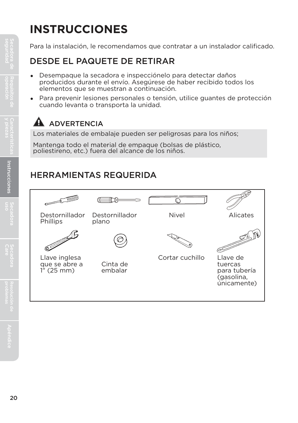 Instrucciones, Desde el paquete de retirar, Herramientas requerida | Advertencia | MIDEA Dryer MLE45N1BWW User Manual | Page 70 / 102