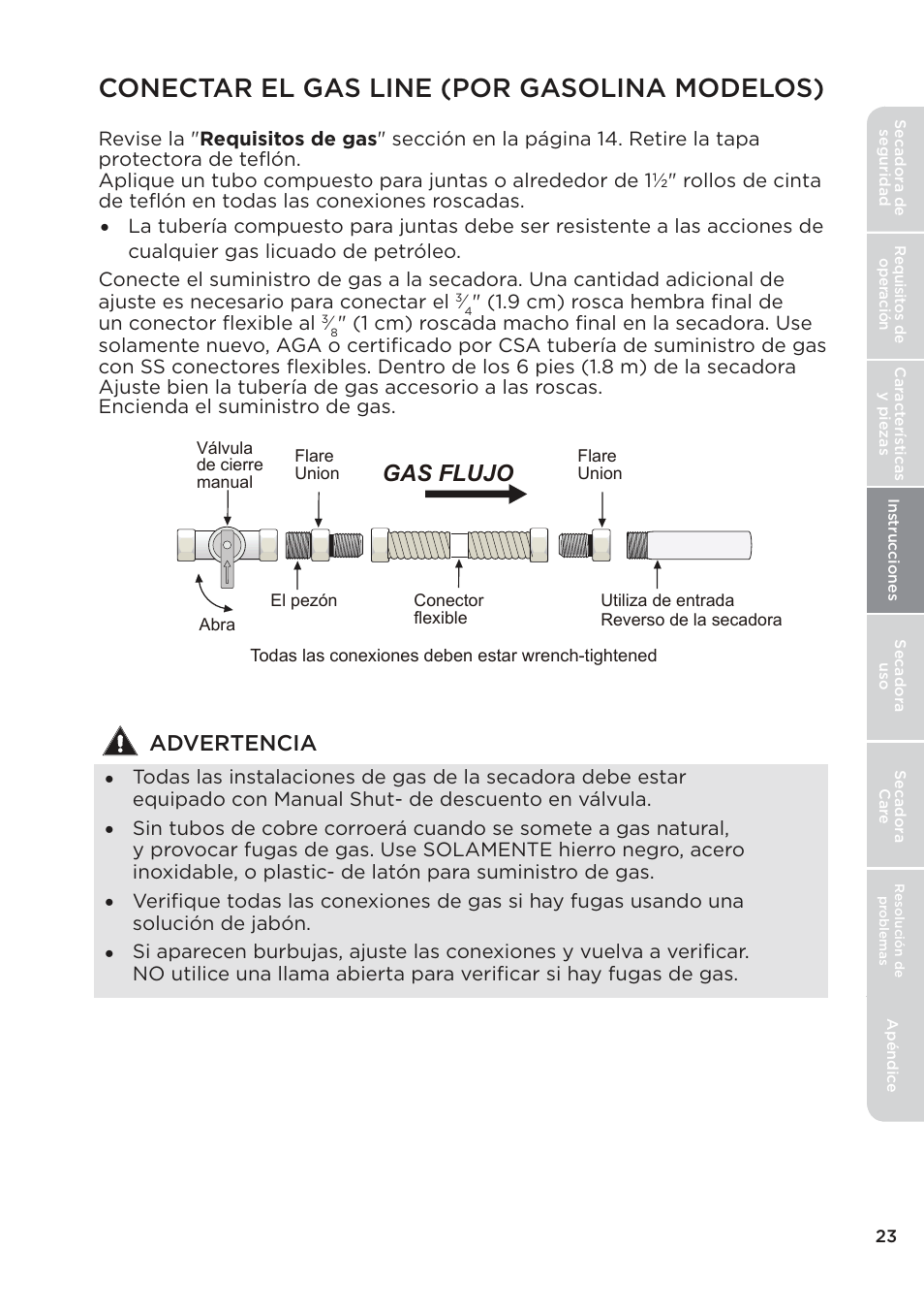 Conectar el gas line (por gasolina modelos), Gas flujo, Advertencia | MIDEA Dryer MLE45N1BWW User Manual | Page 73 / 102