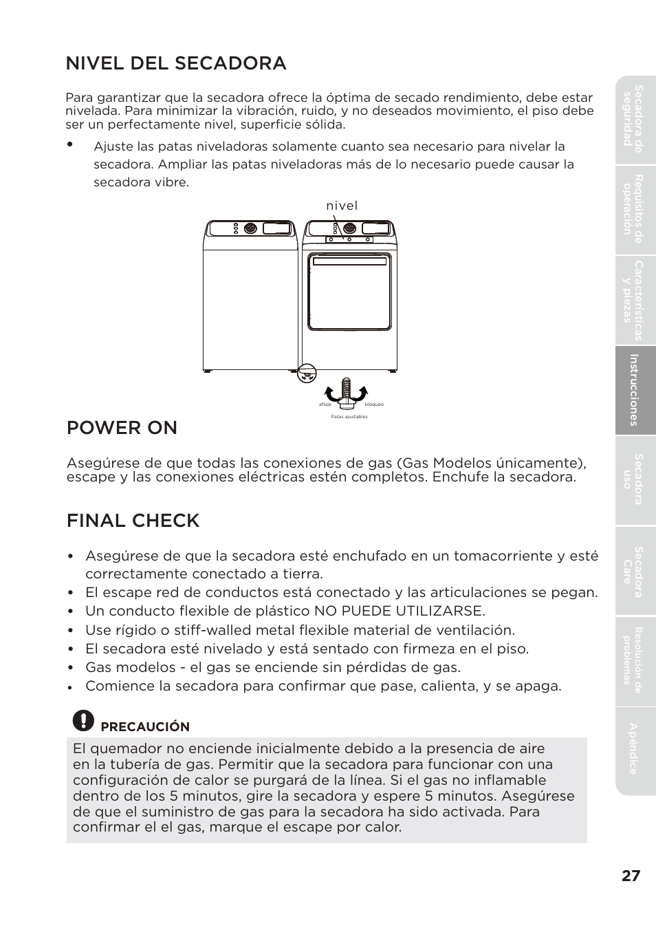 Nivel del secadora, Power on, Final check | MIDEA Dryer MLE45N1BWW User Manual | Page 77 / 102