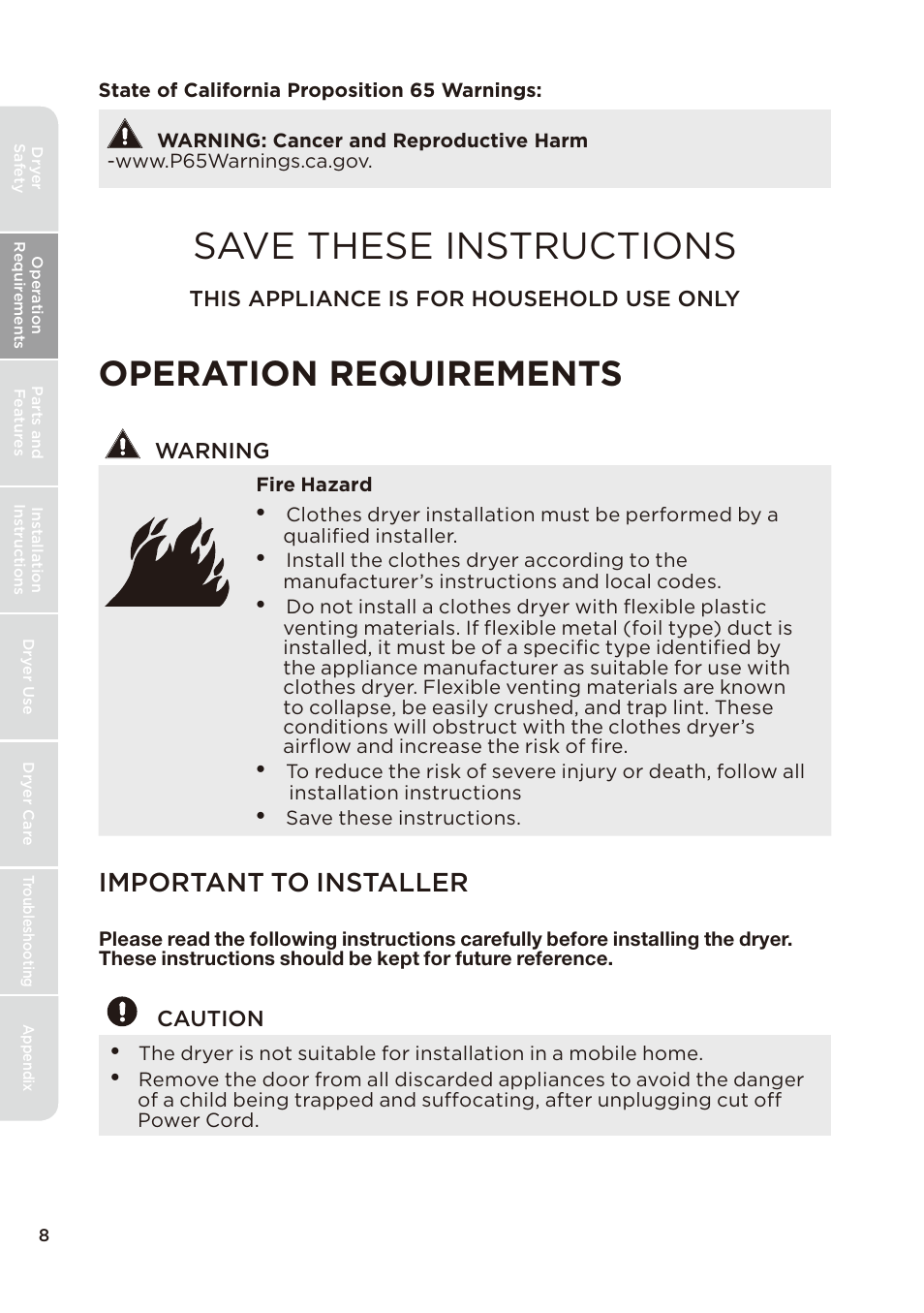 Save these instructions, Operation requirements, Important to installer | MIDEA Dryer MLE45N1BWW User Manual | Page 8 / 102