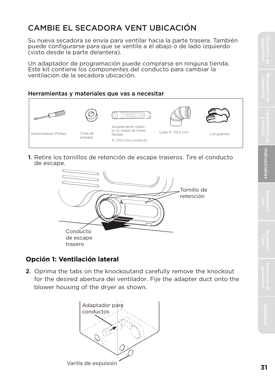 Cambie el secadora vent ubicaci ó n, Opción 1: ventilación lateral | MIDEA Dryer MLE45N1BWW User Manual | Page 81 / 102