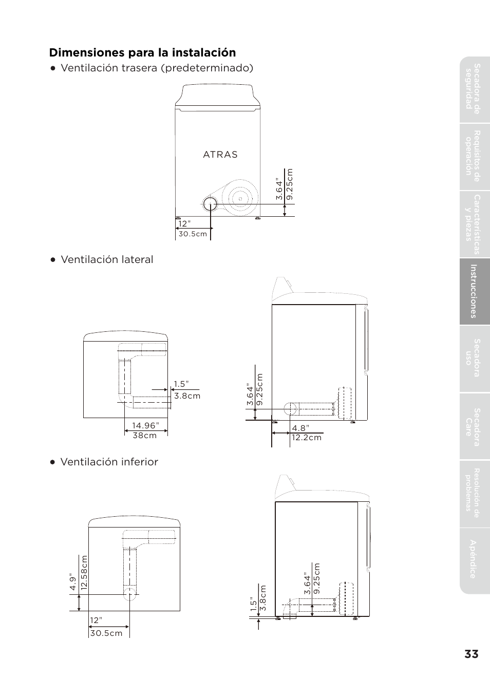 Dimensiones para la instalación | MIDEA Dryer MLE45N1BWW User Manual | Page 83 / 102