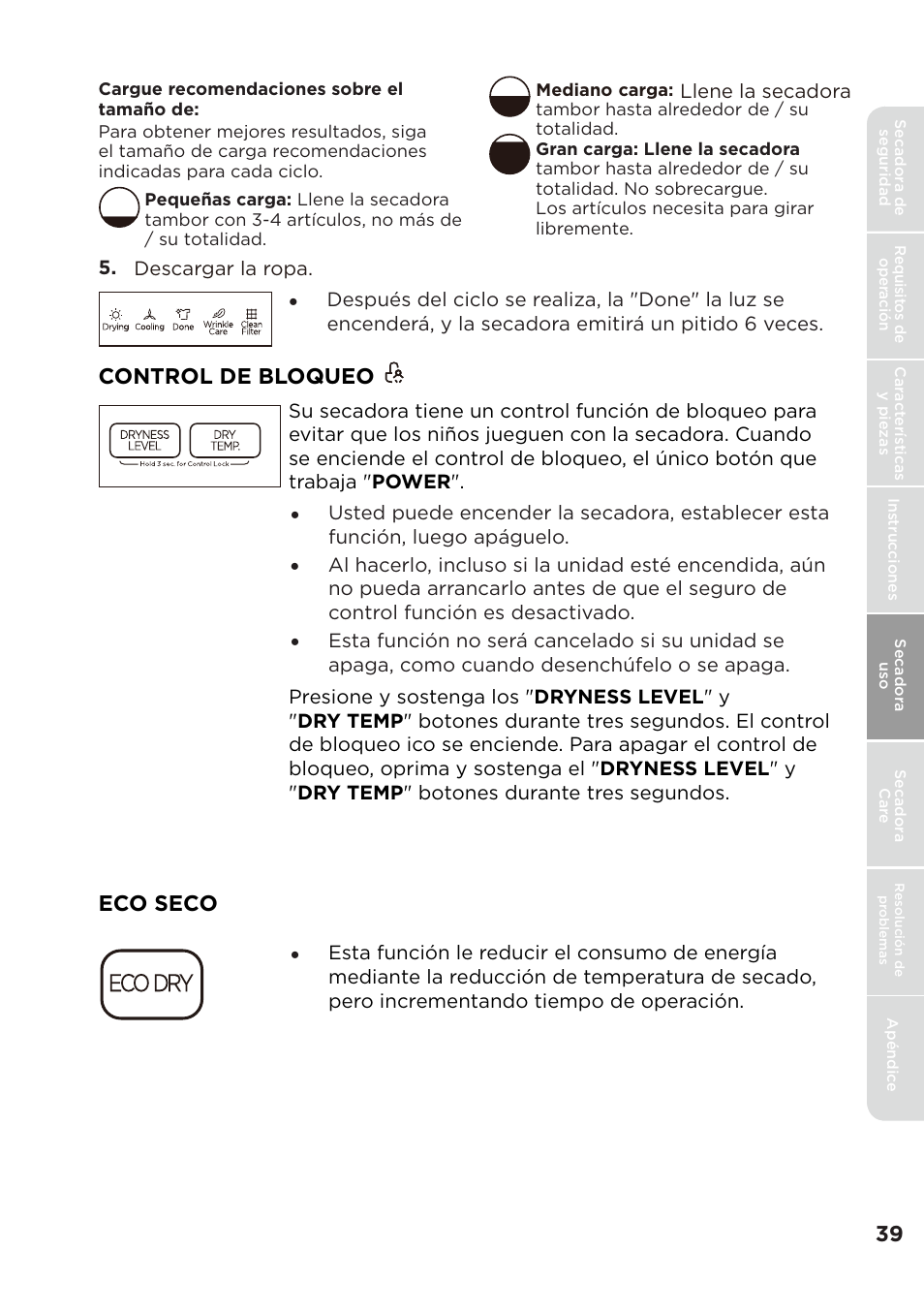 Control de bloqueo, Eco seco | MIDEA Dryer MLE45N1BWW User Manual | Page 89 / 102