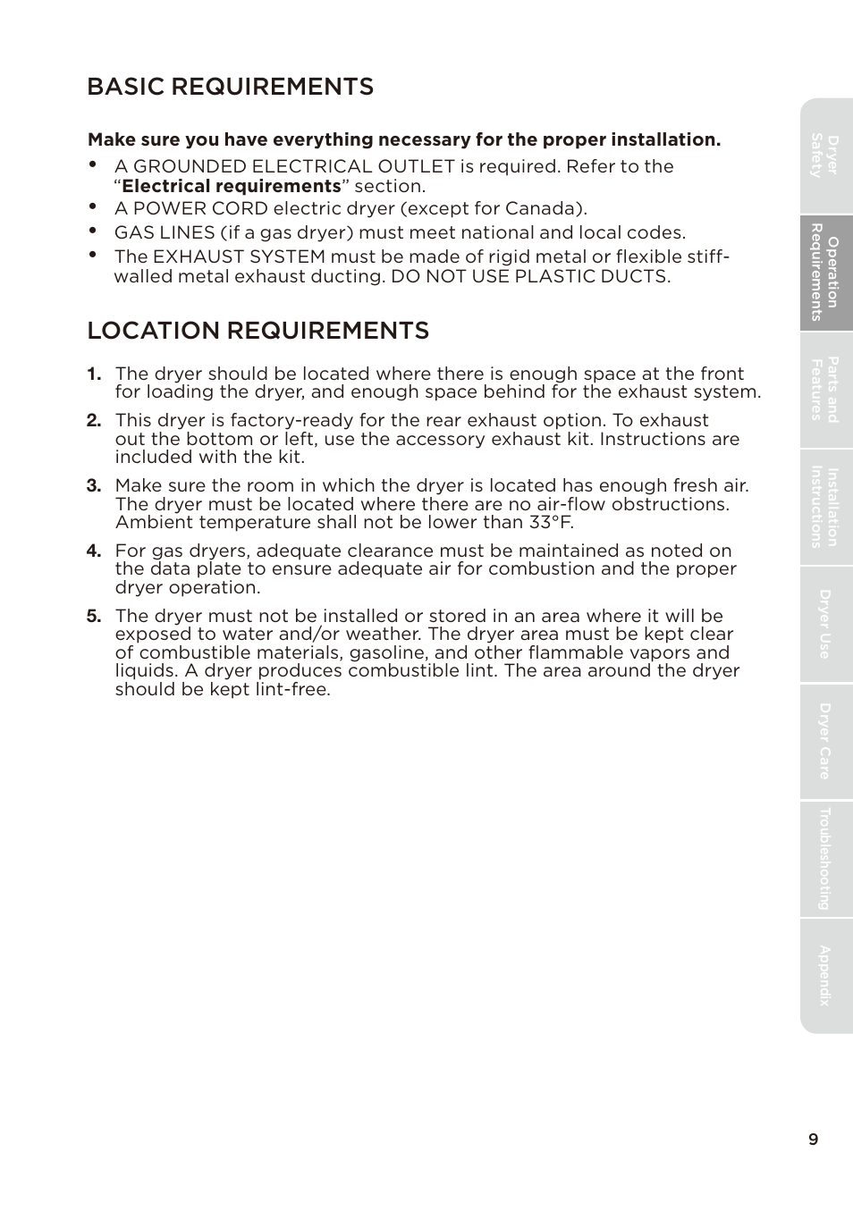 Basic requirements, Location requirements | MIDEA Dryer MLE45N1BWW User Manual | Page 9 / 102