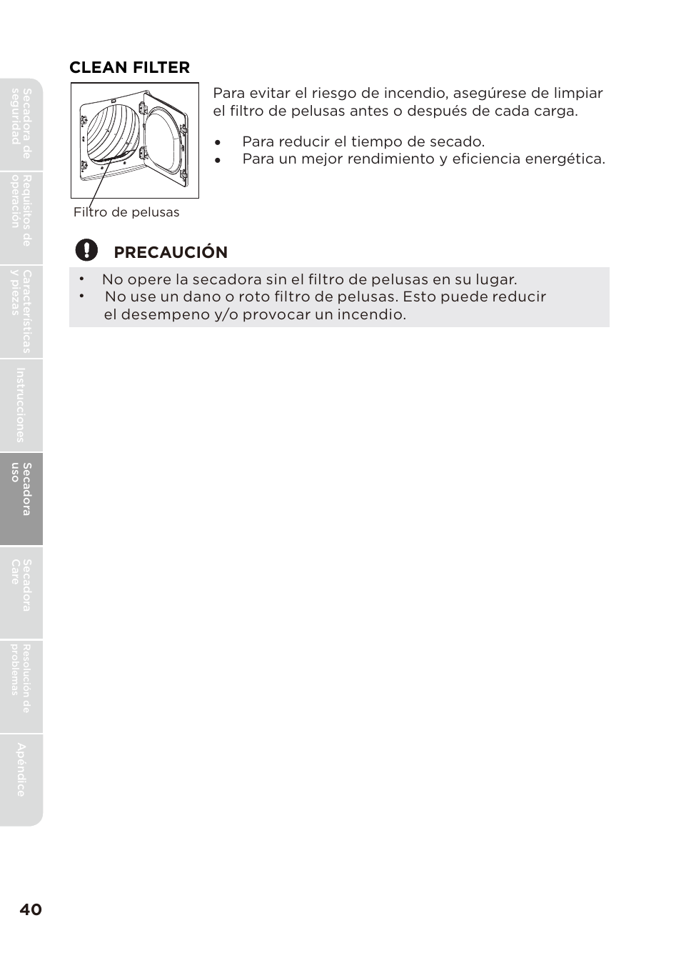 Clean filter, Precaución | MIDEA Dryer MLE45N1BWW User Manual | Page 90 / 102