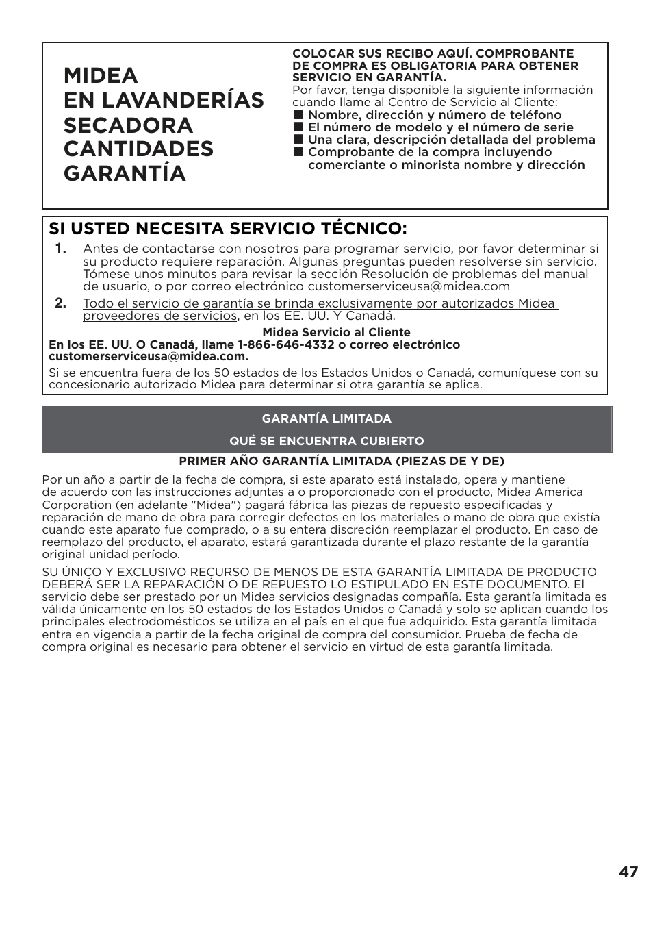 Midea en lavanderías secadora cantidades garantía, Si usted necesita servicio técnico | MIDEA Dryer MLE45N1BWW User Manual | Page 97 / 102