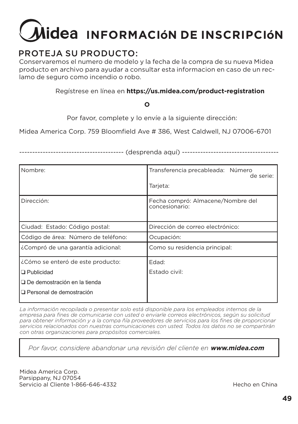 Información de inscripción, Proteja su producto | MIDEA Dryer MLE45N1BWW User Manual | Page 99 / 102