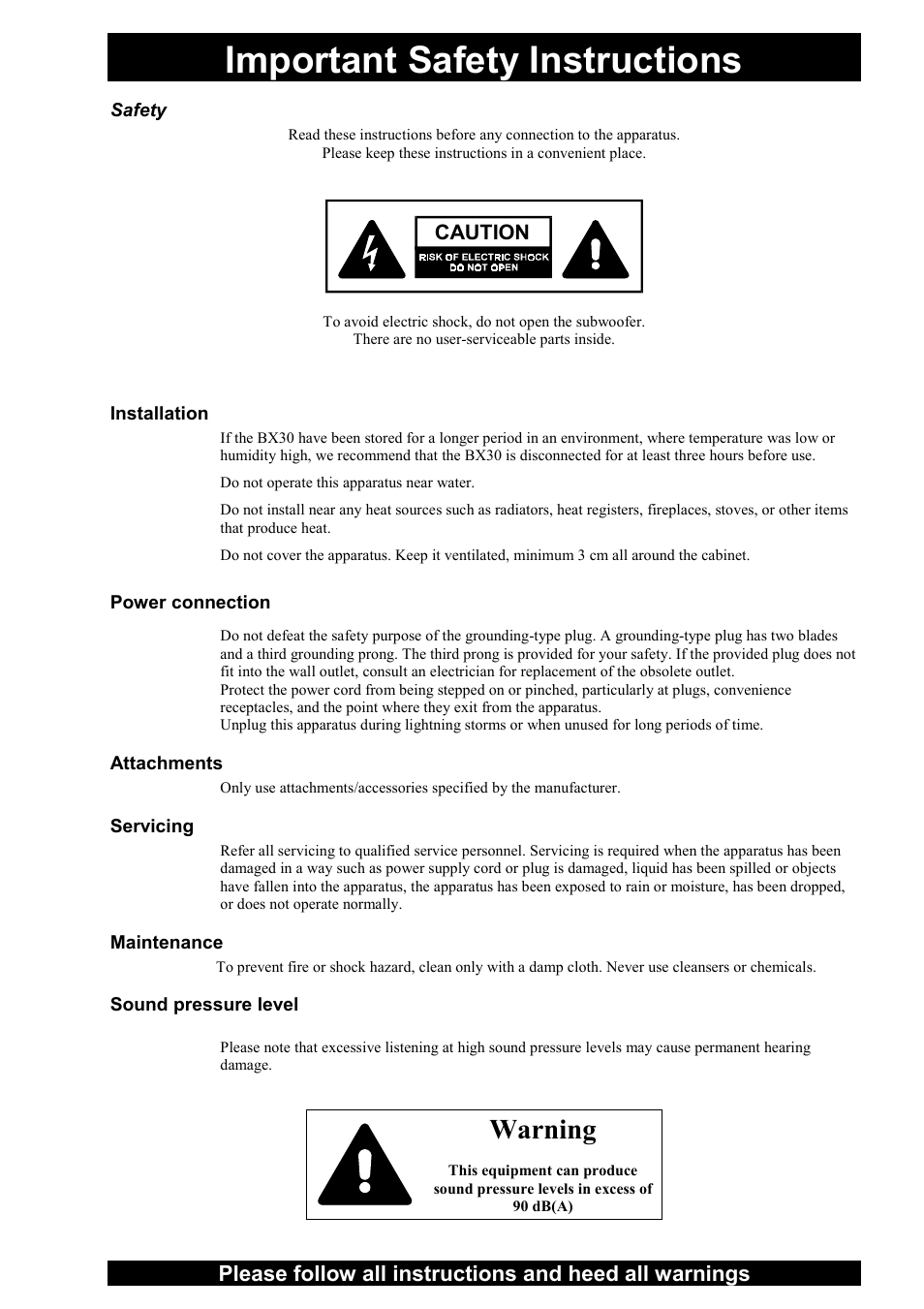 Important safety instructions, Warning | Dynaudio BX30 User Manual | Page 3 / 15