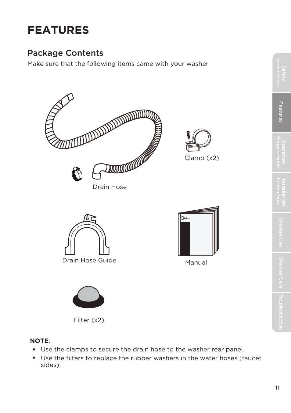 Features, Package contents | MIDEA Top Load Impeller User Manual | Page 11 / 96