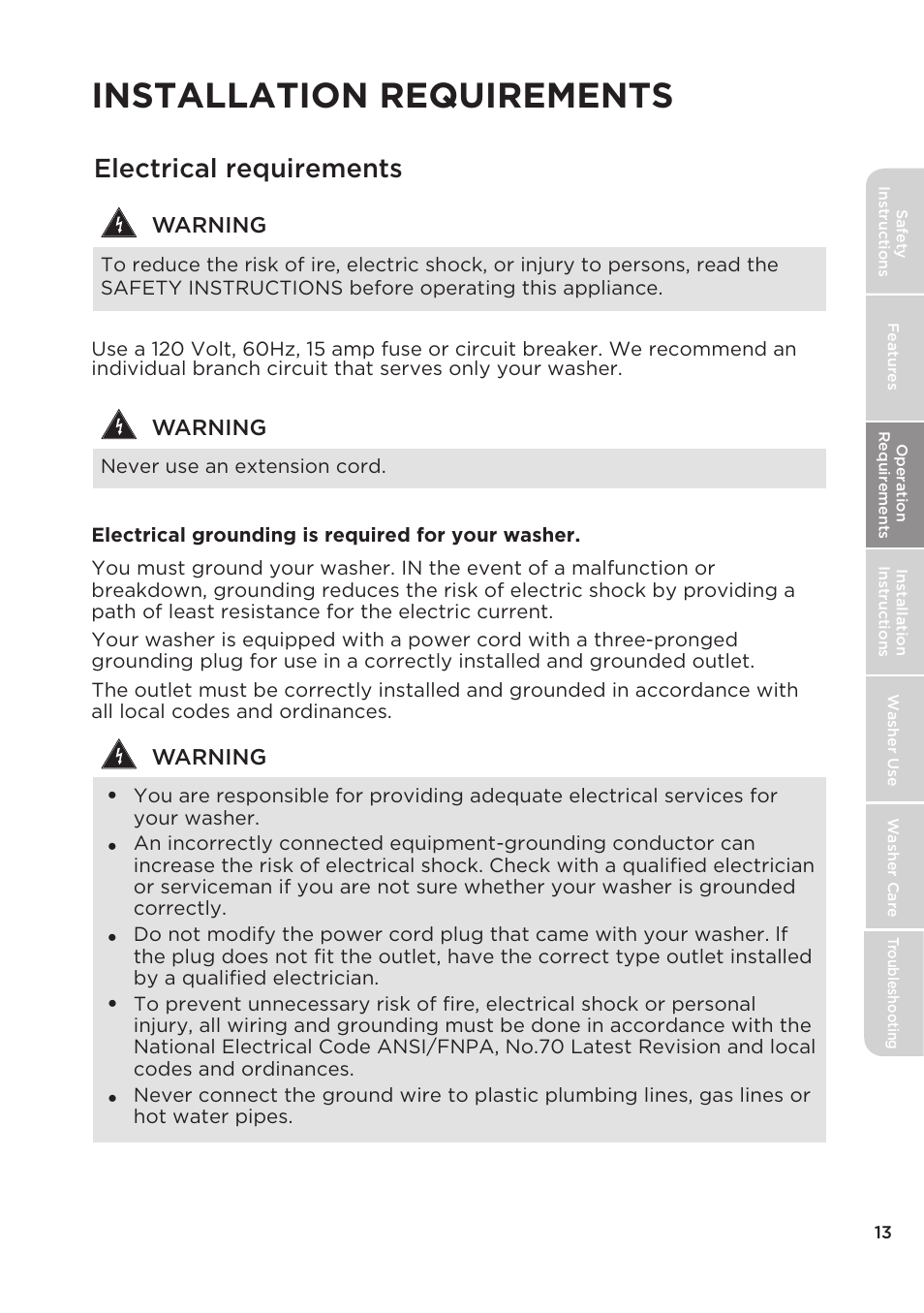 Installation requirements, Electrical requirements | MIDEA Top Load Impeller User Manual | Page 13 / 96