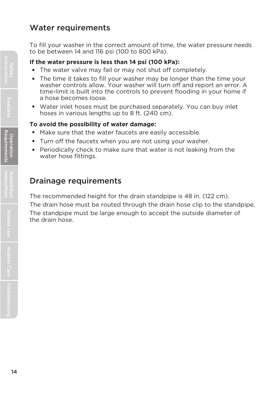 Water requirements drainage requirements | MIDEA Top Load Impeller User Manual | Page 14 / 96