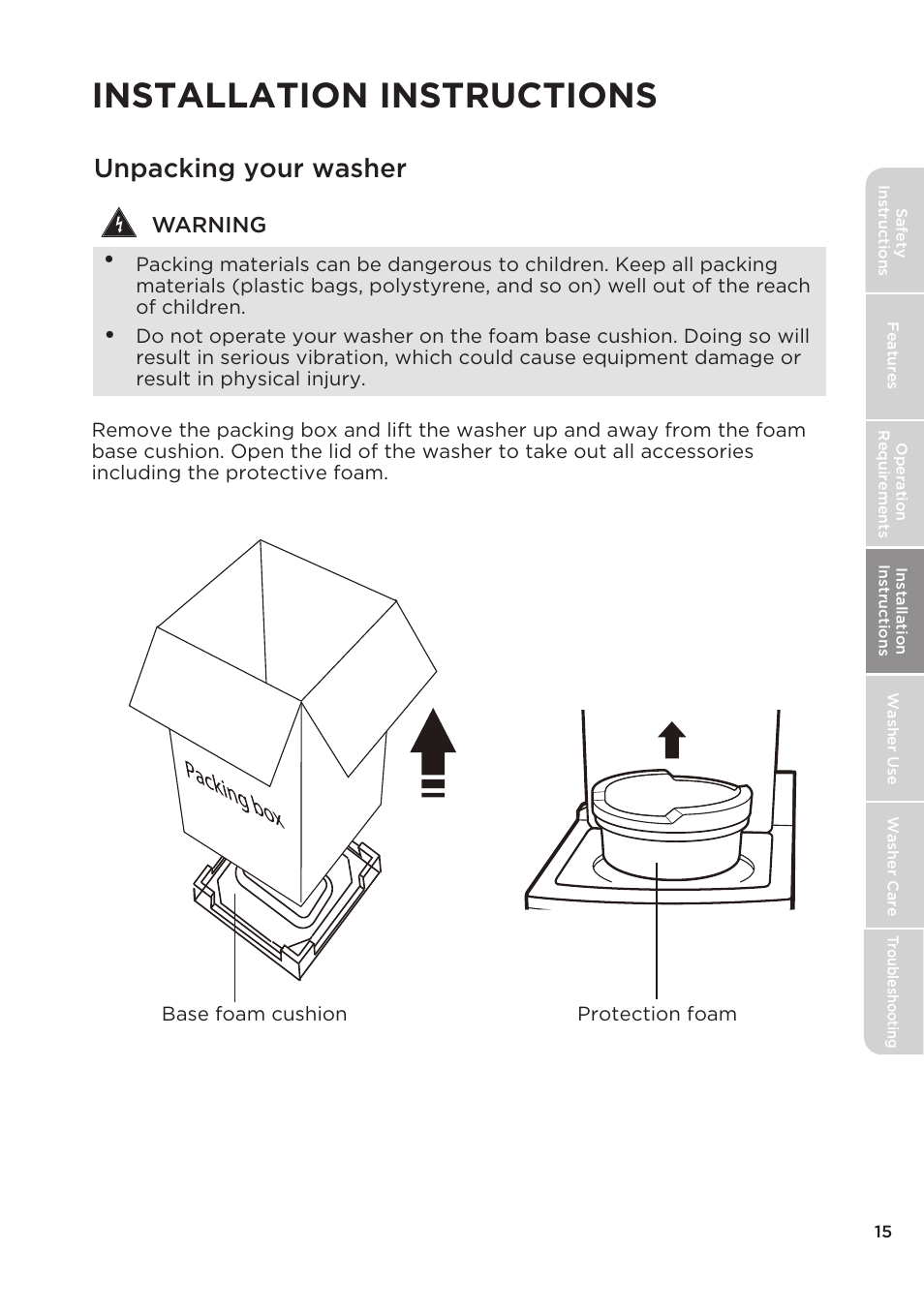 Installation instructions, Unpacking your washer, Warning | MIDEA Top Load Impeller User Manual | Page 15 / 96