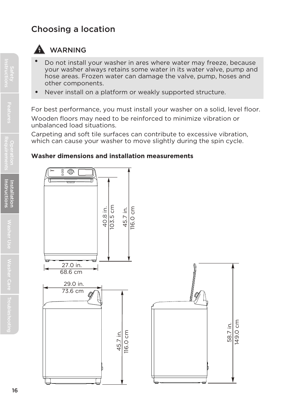 Choosing a location, Warning | MIDEA Top Load Impeller User Manual | Page 16 / 96