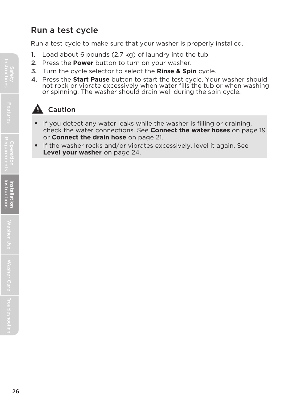 Run a test cycle, Caution | MIDEA Top Load Impeller User Manual | Page 26 / 96