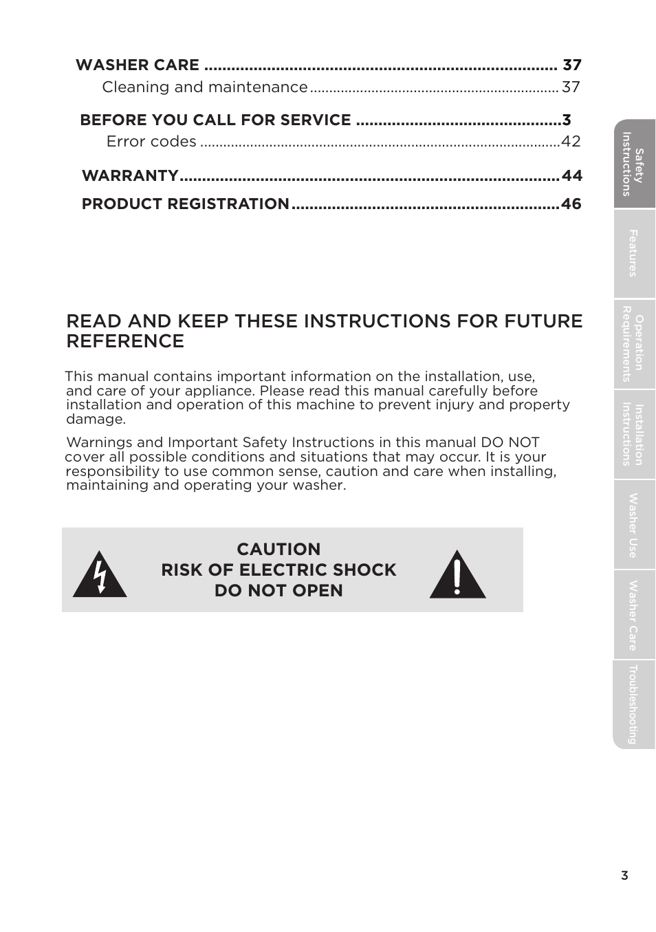 Caution risk of electric shock do not open | MIDEA Top Load Impeller User Manual | Page 3 / 96