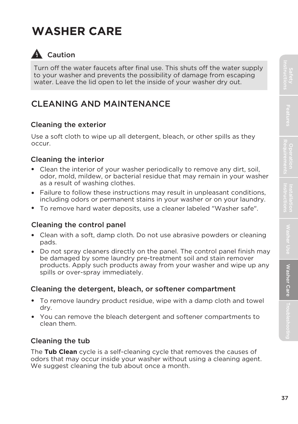 Washer care, Cleaning and maintenance | MIDEA Top Load Impeller User Manual | Page 37 / 96