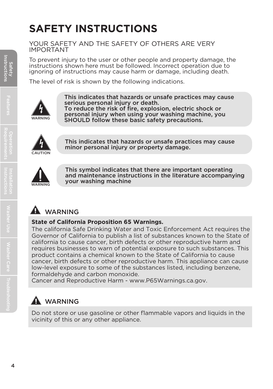 Safety instructions, Warning | MIDEA Top Load Impeller User Manual | Page 4 / 96