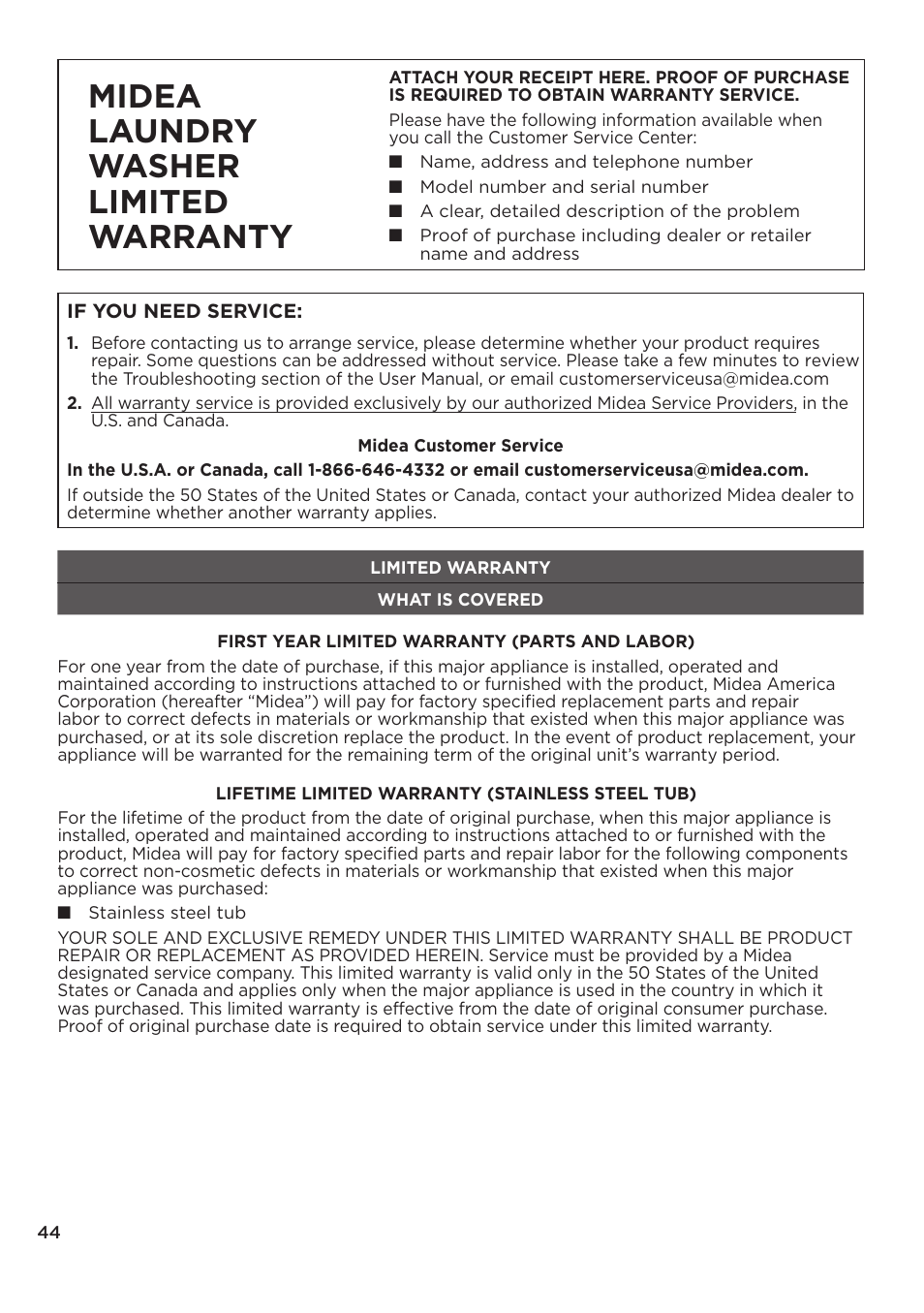 Midea laundry washer limited warranty | MIDEA Top Load Impeller User Manual | Page 44 / 96