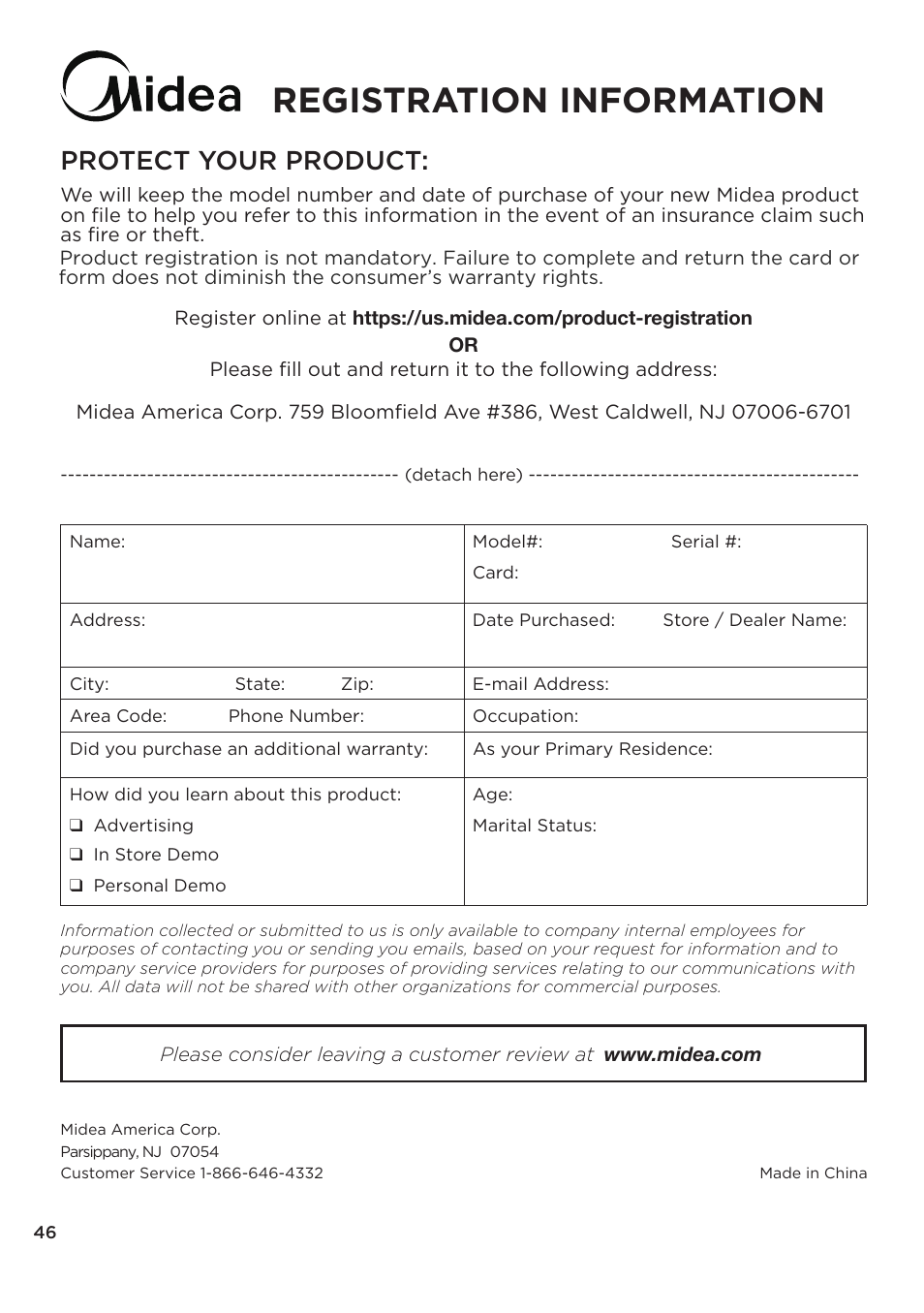 Registration information, Protect your product | MIDEA Top Load Impeller User Manual | Page 46 / 96