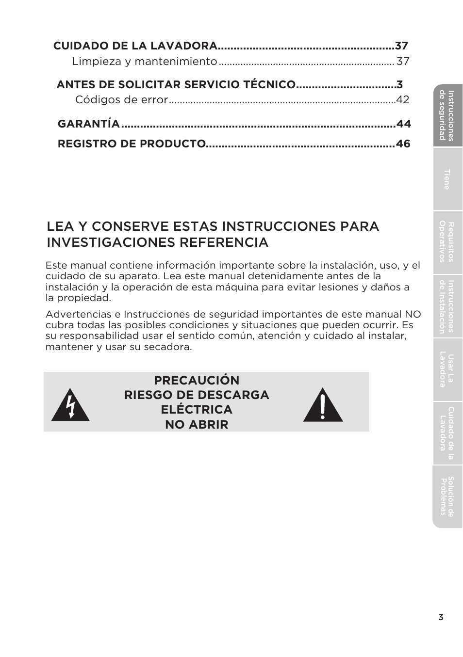 Precaución riesgo de descarga eléctrica no abrir | MIDEA Top Load Impeller User Manual | Page 49 / 96