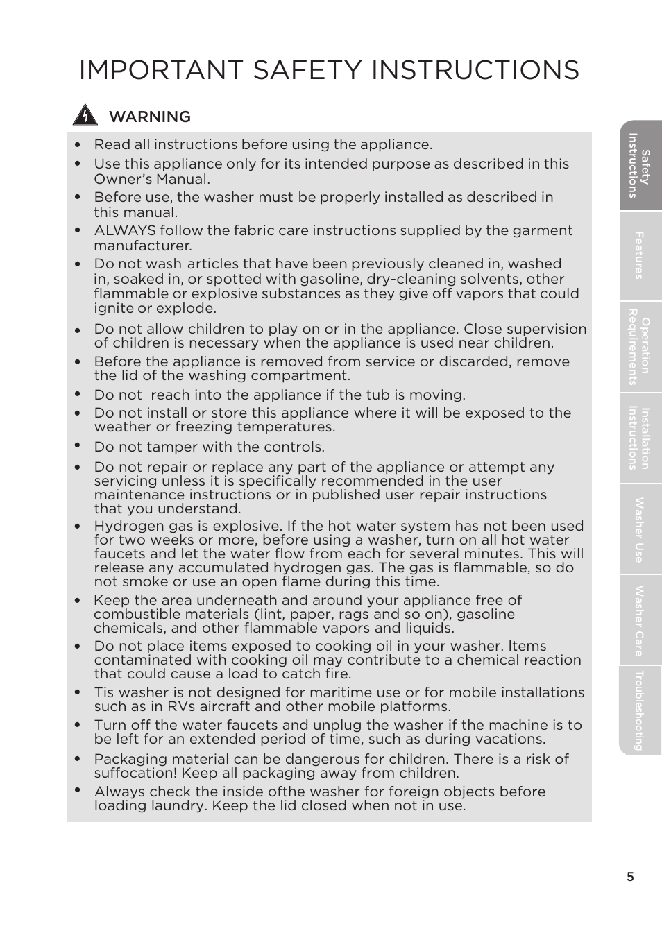 Important safety instructions | MIDEA Top Load Impeller User Manual | Page 5 / 96