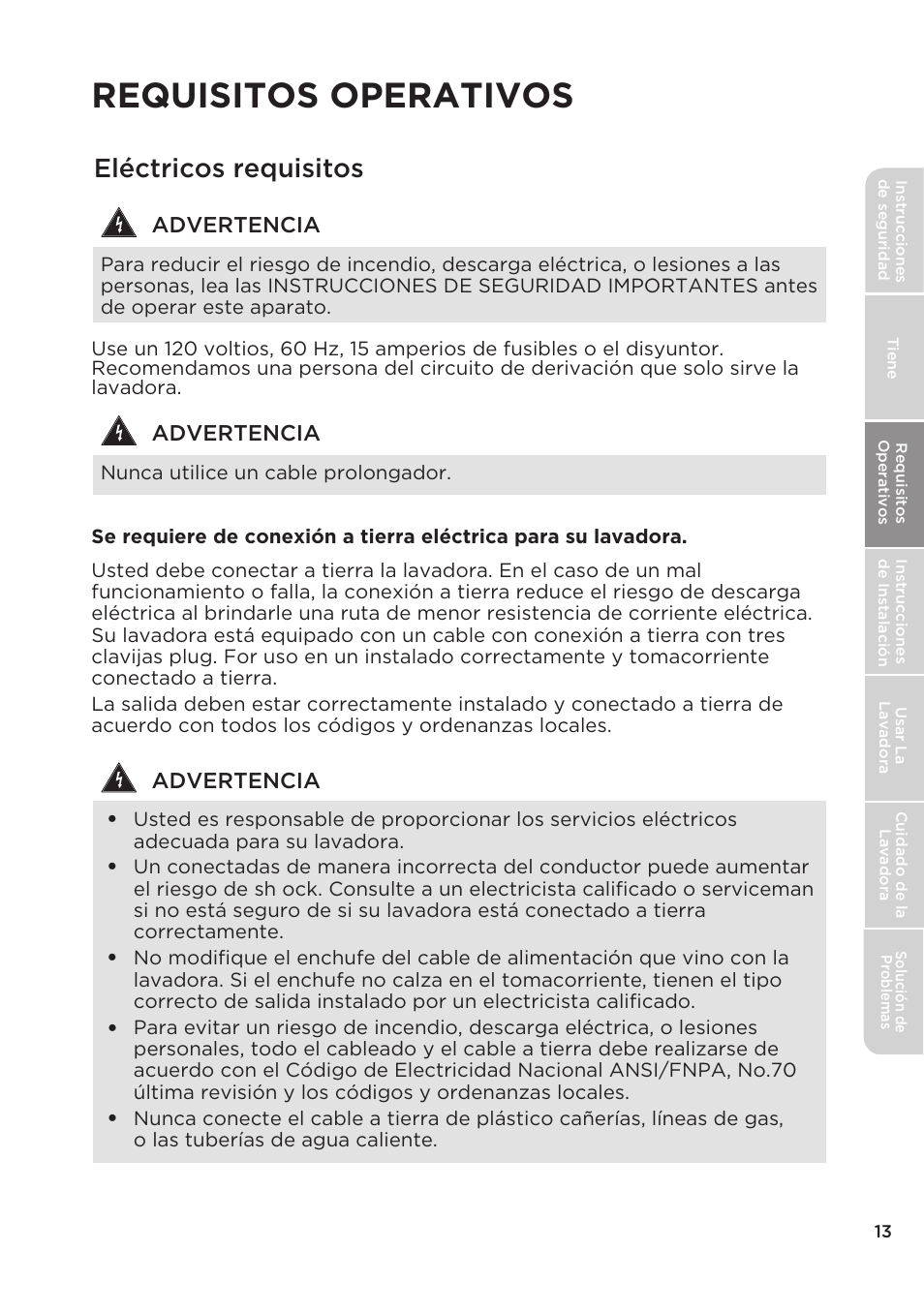 Requisitos operativos, Eléctricos requisitos | MIDEA Top Load Impeller User Manual | Page 59 / 96