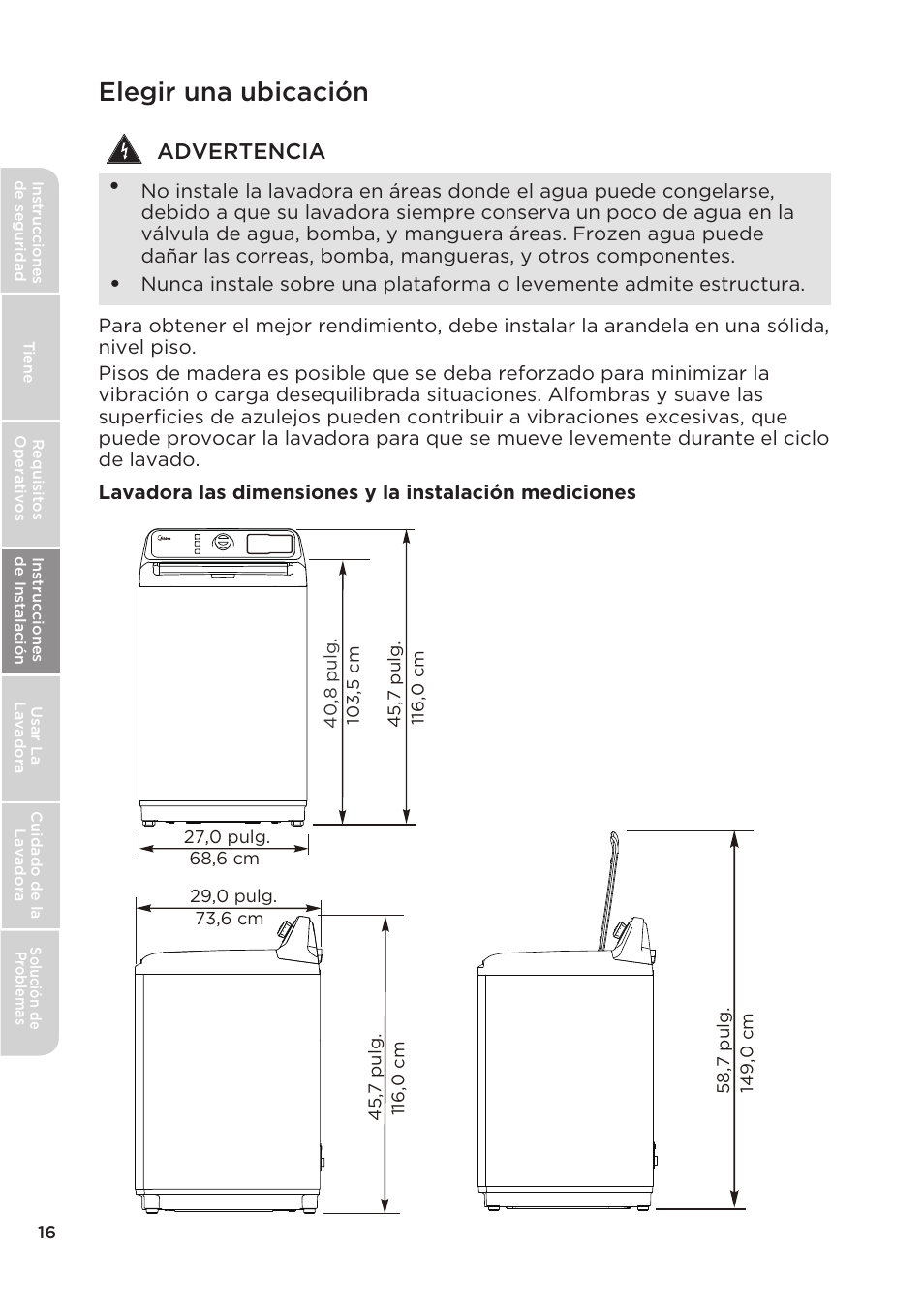 Elegir una ubicación, Advertencia | MIDEA Top Load Impeller User Manual | Page 62 / 96