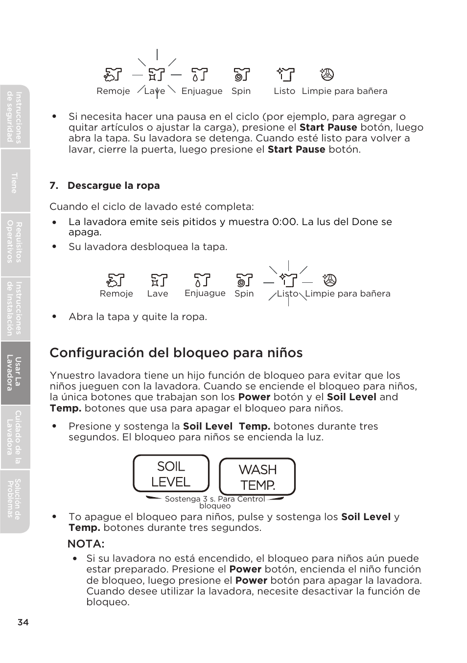 Configuración del bloqueo para niños | MIDEA Top Load Impeller User Manual | Page 80 / 96