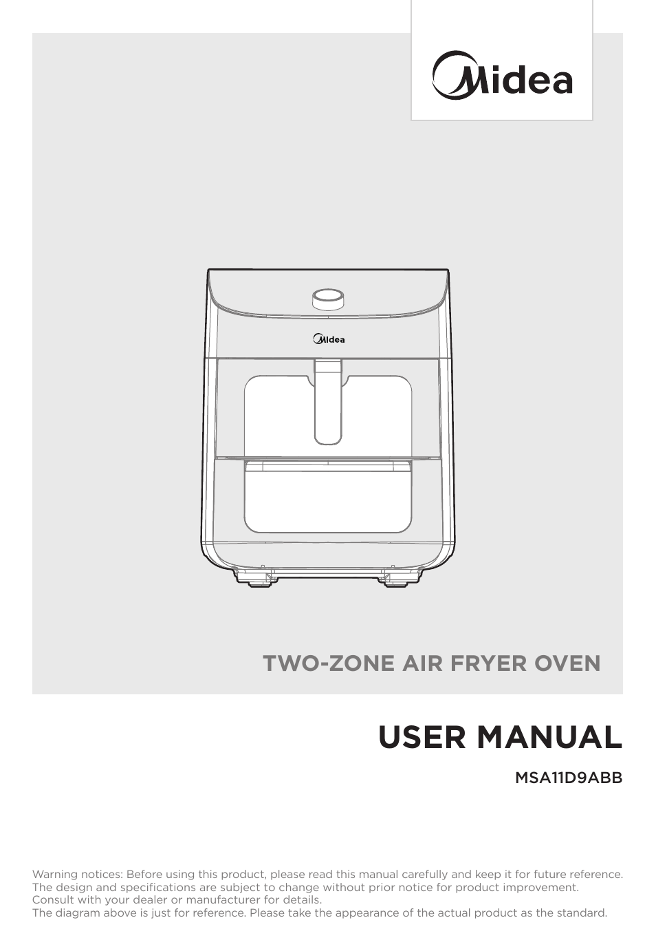 User manual, Two-zone air fryer oven | MIDEA 11QT Two-Zone User Manual | Page 2 / 41